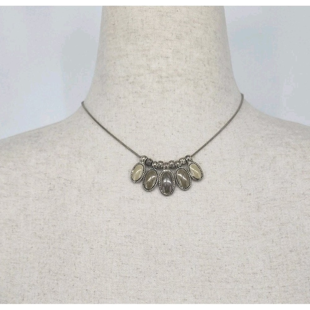 KC Silver Tone 5 Oval Cabochon Bib Necklace Boho Southwestern Adjustable Brown